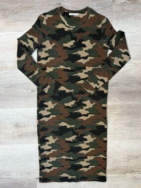Zara Camo Midi dress Ribbed Long Sleeve  Womens Size M Green Camouflage